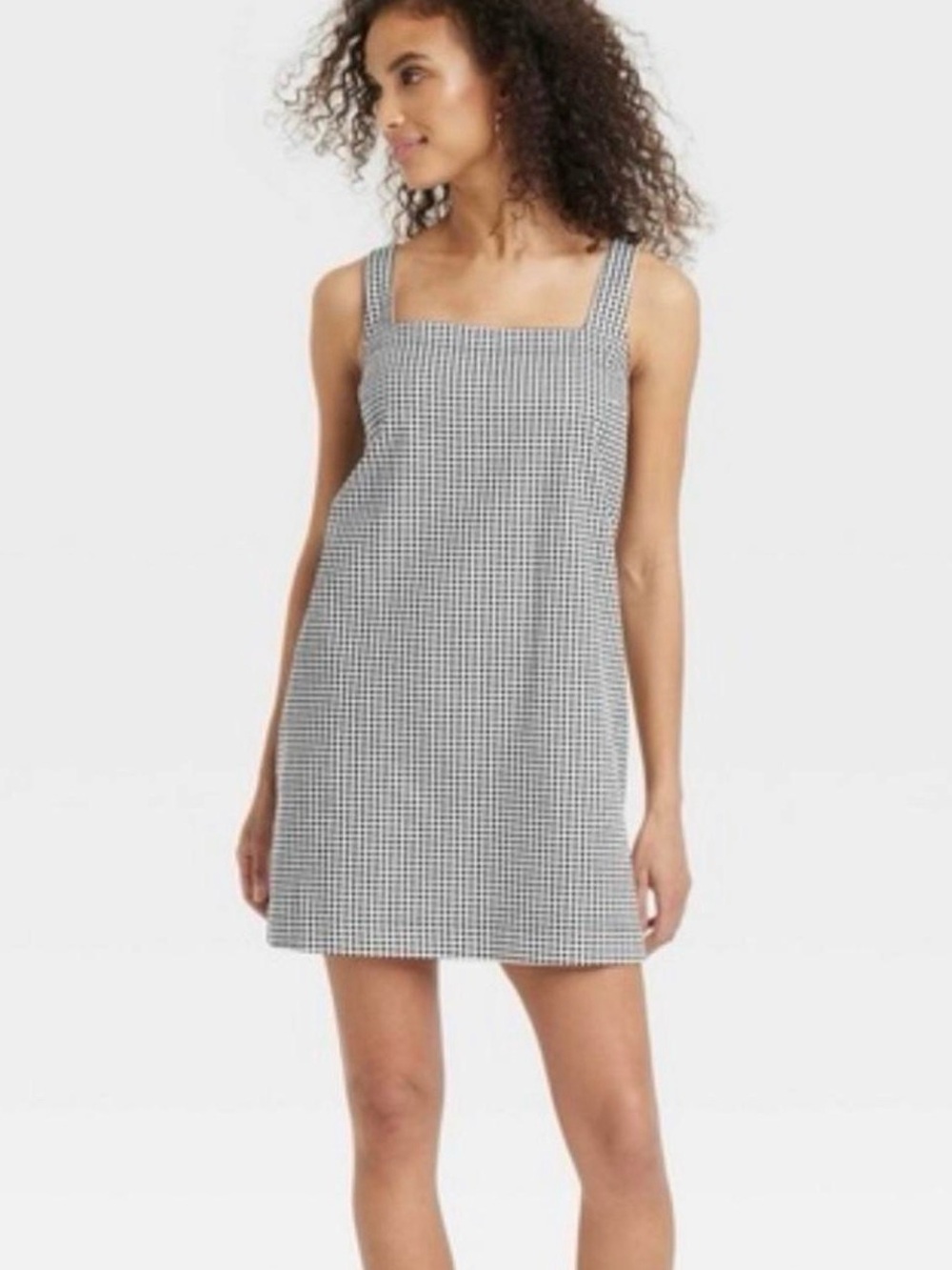 a new day Black & White Gingham Square-Neck Mini Dress with Pockets NWOT